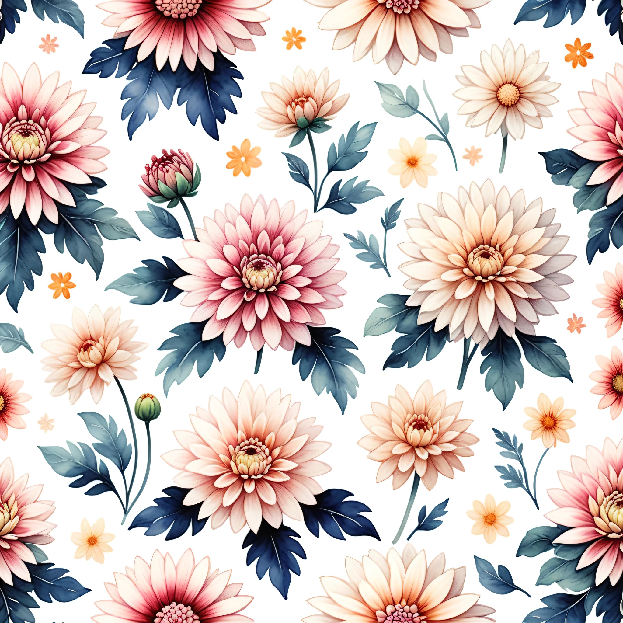 Ditsy, Watercolor Floral, Chrysanthemum, Dahlia, flat, Botanical, sameless pattern