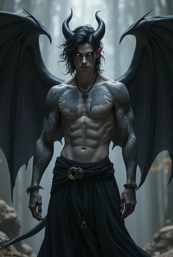 Create a male tiefling character with gray skin., gold eyes, cabelos negros como a noite, wings and tail, tatoo