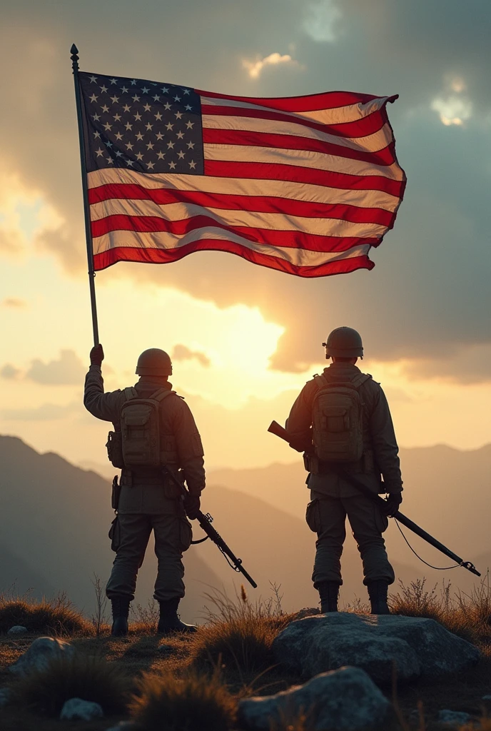 "Por favor, crie uma imagem a cores, that represents the historic moment of the raising of the American flag on Iwo Jima in 1945. A cena deve incluir os Marines dos Estados Unidos no topo do Monte Suribachi, erguendo a bandeira americana, com destaque para a bandeira e o ambiente circundante. The image should be detailed and evoke emotion and patriotism, imagem colorida