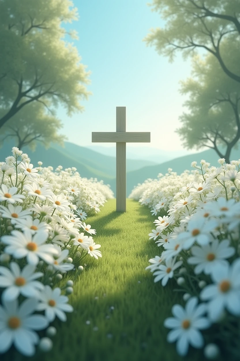Garden Of White Flowers And The Cross in The Middle Of the Garden Far off in the distance 