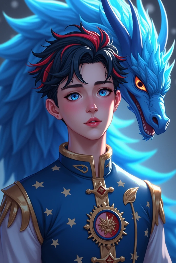A white-skinned prince, short black hair and the tips of his hair are red. His eyes are rounded and their color is light blue., pink lips and with a blue Phoenix Dragon behind him. On the chest of his outfit will be the logo of a dragon head and a wing. The prince has American nationality