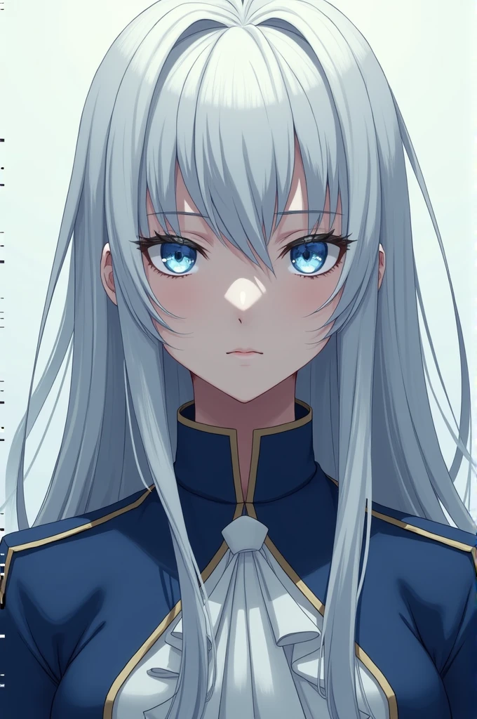 Beautiful woman with long white hair with capul blue eyes expressionless face and wearing the uniform of the anime Boku no hero