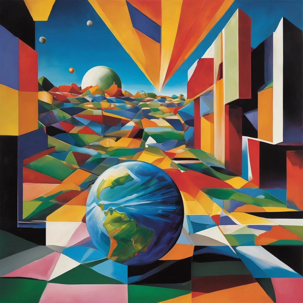 "Visualize an interpretation of the earth on one side of the face. Break down the shape of the Earth into geometric shapes and fragmented planes, To capture its movement and energy in a unique and abstract way. Incorporate bold colors and sharp angles, to convey a feeling of movement and tension. Play with perspective and layering, to create a multidimensional composition, which questions traditional notions of space and form. Be inspired by the avant-garde spirit of surreal realism and see nature in a fresh and innovative light.. Unleash your creativity, as you bring this imaginative scene to life on the screen