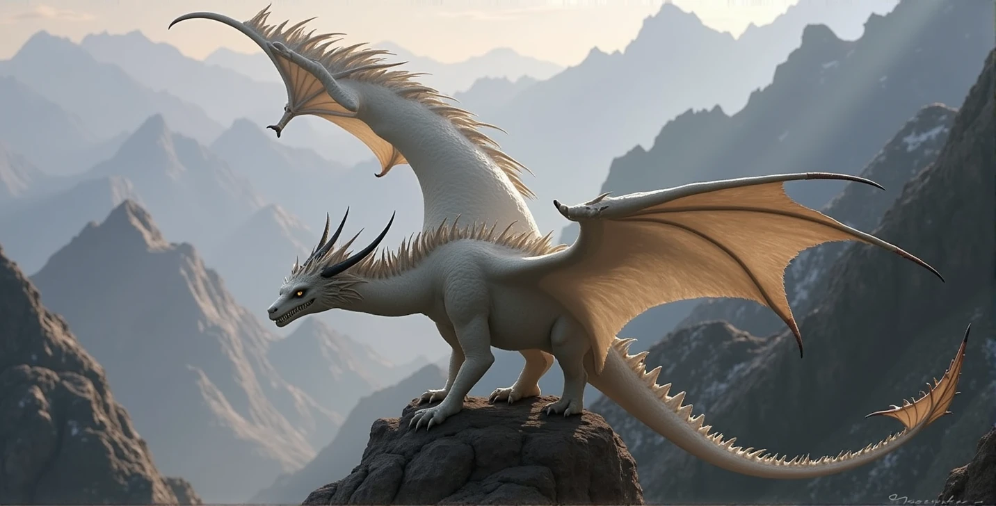 Medium White Wyvern, with pearly scales and small scattered black spots, simulating the fur of a bat. Curved and sharp horns, a spiny crest along the neck, and sharp black claws. Perched on top of a rocky mountain, with the wind ruffling his crest. dramatic lighting, with the light of the setting sun highlighting its scales and creating deep shadows. Realistic style, Inspired by the wyverns of "House of the dragon", with a touch of mystery and majesty.