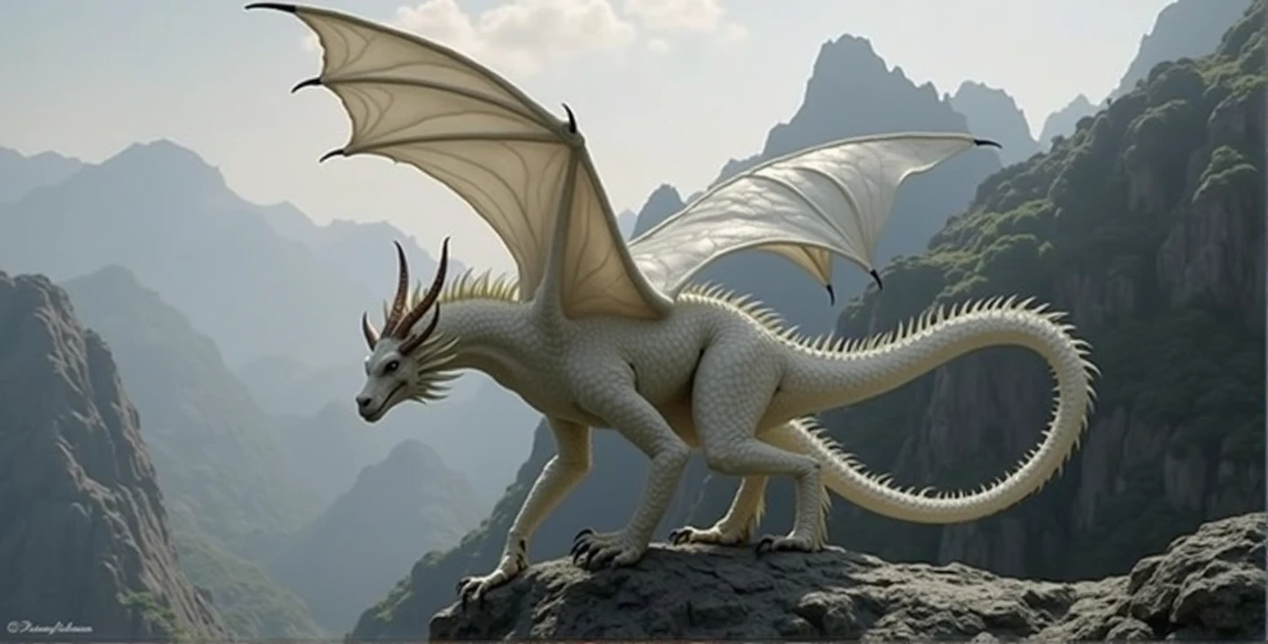 Medium White Wyvern, with pearly scales and small scattered black spots, simulating the fur of a bat. Curved and sharp horns, a spiny crest along the neck, and sharp black claws. Perched on top of a rocky mountain, with the wind ruffling his crest. dramatic lighting, with the light of the setting sun highlighting its scales and creating deep shadows. Realistic style, Inspired by the wyverns of "House of the dragon", with a touch of mystery and majesty.