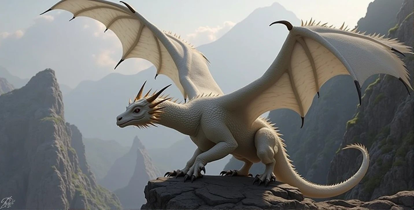 Medium White Wyvern, with pearly scales and small scattered black spots, simulating the fur of a bat. Curved and sharp horns, a spiny crest along the neck, and sharp black claws. Perched on top of a rocky mountain, with the wind ruffling his crest. dramatic lighting, with the light of the setting sun highlighting its scales and creating deep shadows. Realistic style, Inspired by the wyverns of "House of the dragon", with a touch of mystery and majesty.