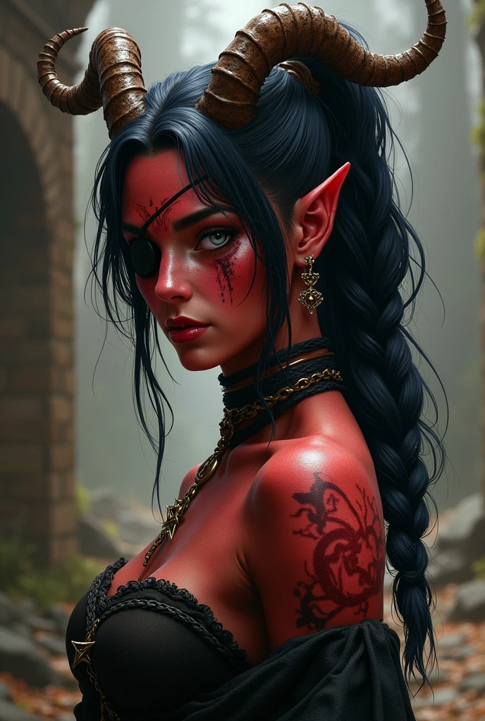 ((Mediovale)), uma mulher Tiefling, reddish skin, ram horns, broken left horn, Bblack hair, hair tied in a ponytail, hair shaved on the sides, two braids on each side of the bangs, white eyes without scruff, eye patch on the left side, scar under the eye patch, scar on the lips on the right side,