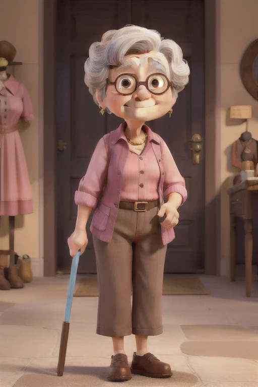 An old woman , short, brunette, hair grey, brown dark eyes , with a pink blouse, blue pants with a cane.