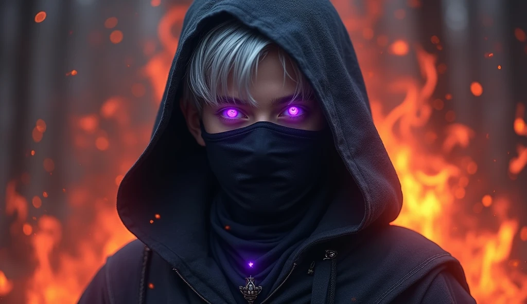 dark lord, a  medieval half-elf boy with silver short hair and purple eyes, Dark wizard, A boy wearing a black long cloak, a dark mask that covers the face, fire aura, full body, mascule face