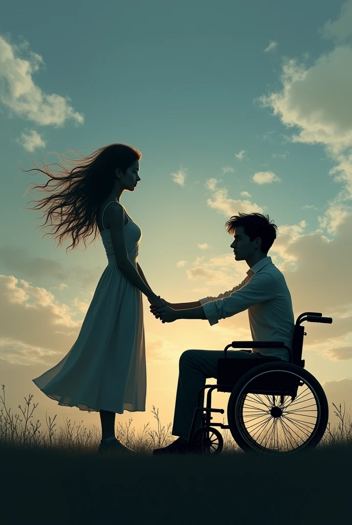 L'ombre en noir d'une jeune femme avec les cheveux détachés qui s'envole grace au vent et un jeune homme ayant le profil parfait en fauteuil roulant qui se tiennent la mains et comme fond un beau ciel