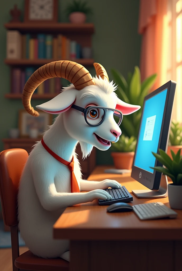 A goat using a PC