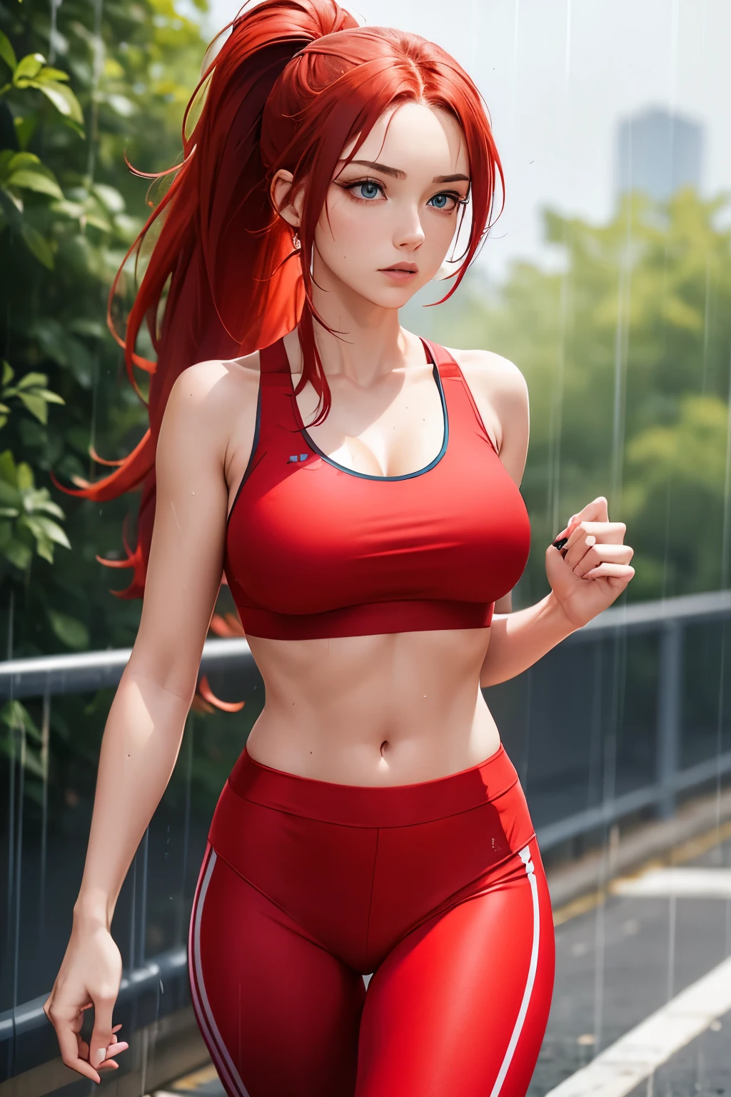 Woman, Bright Red HAir, Long Hair, Ponytail, Blue Eyes, Large Chest, ((Red Leggings)), ((Red Sports Bra)), Jogging in the Rain, Soaking Wet