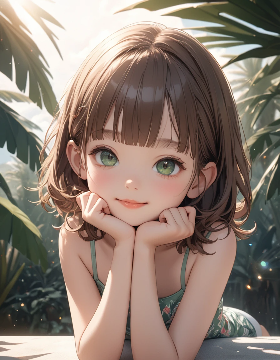 ((Masterpiece)), ((best quality)), ((wide shot)), (super detail:1.2), (High Definition:1.3), ((extremely detailed)), (8K), (Professional Photography:1.2), (very aesthetic:1.2), (absurdres:1.2), (sharp focus), (perfect light), ((kawaii)), (drop shadow), ((1girl)), ((12 years old)), (cute little girl), unruly hair, medium hair, pale brown hair, (loose blunt bangs), cute cheeks, glossy lips, pouty lips, bags under the eyes, (lower eyelashes), cumulonimbus cloud, on morning, tropical country, (naughty smile), open mouth, skin fang, (thin camisole), wearing dolphin shorts, ((place both hands on cheeks)), blooming Hibiscus, botanical pattern, (pandanus tree), glitter eyes, (deep green eyes), summer day, (lens flare), Frame depicted with silhouettes of thorns, (detailed background:1.2), newest,