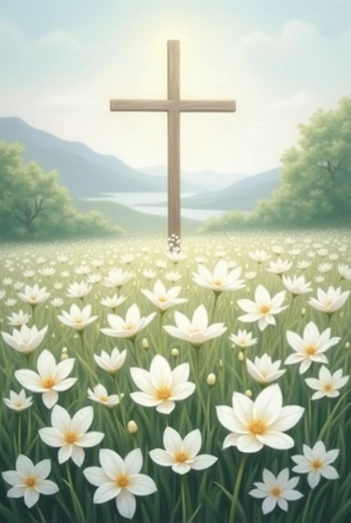 Painting of a Garden Of White Flowers And The Cross in The Middle Of the Garden Far off in the distance