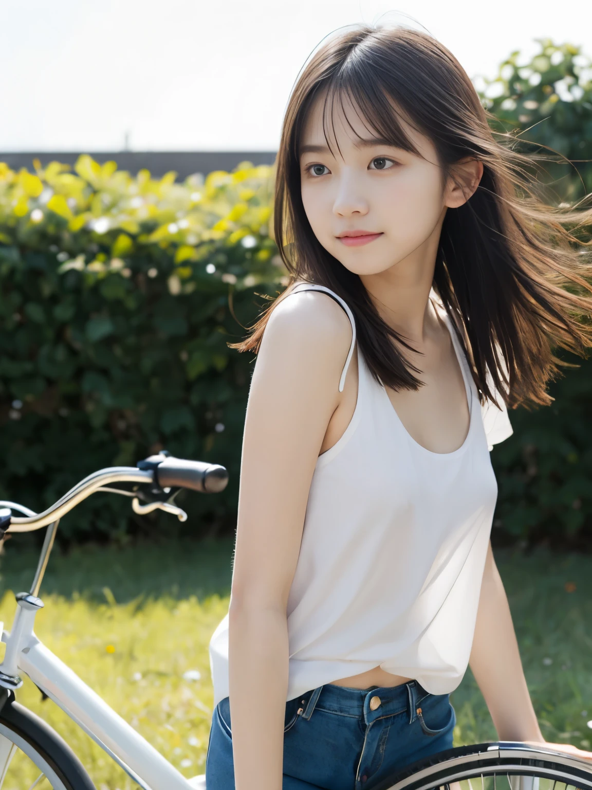 masterpiece, highest quality, 8K, , RAW photo, award-winning portraits, alone, noon, idol face,whole body,violaces, delicate girl, whole body, Completely naked、Digital single-lens reflex camera, looking at the viewer, shy smile、shame、flushed cheeks、thin arms, small breasts, nipple, small ass、thin waist、Frank, Sophisticated, like々New, thin arms, professional lighting, film grain, black eyes,chromatic aberration, (detailed eyes and face:1.0), (Bokeh:1.1),(hyper pretty face:1.2),(short sleeve tank top:1.3),(pale color short pants:1.3),(whole body, above the knee:1.3),(cute girls ride the bicycle:1.3),(angle from the side:1.3),(cute butt:1.3),(transparent nipples:1.3), looking at the viewer