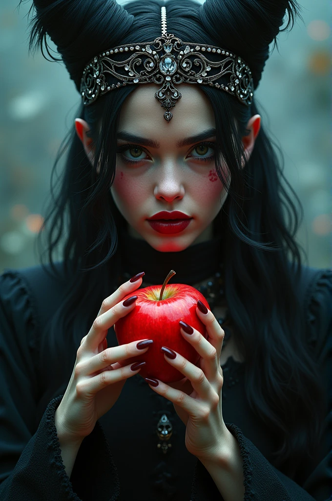 ((RAW Photo), absurd, (absurdresolution)), masterpiece, best quality, (Extremely detailed 8k unity CG wallpaper), (best illustration), (best shadow), Realistic lighting, beautiful detailed glow, ((21 years old)), girl, long black hair, black queen, accessories, apple in hand, poisoned apples, witch queen, red lipstick, (((Photographic Perspective of her)))