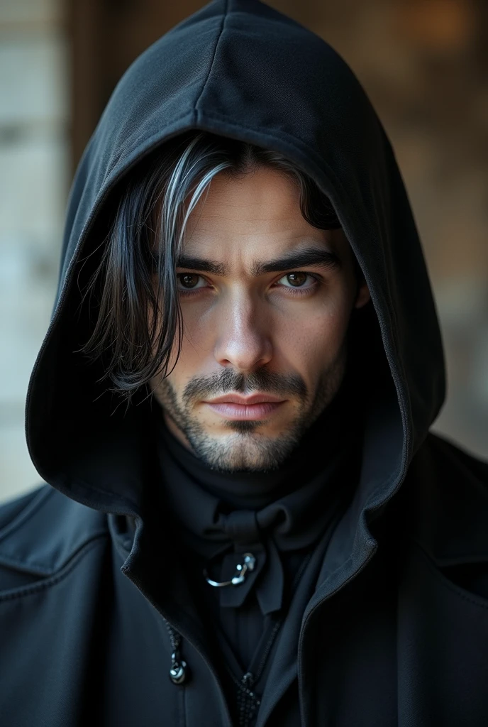 Handsome man dressed as a plague doctor, without mask, has black eyes , has black hair and part of the hair is white