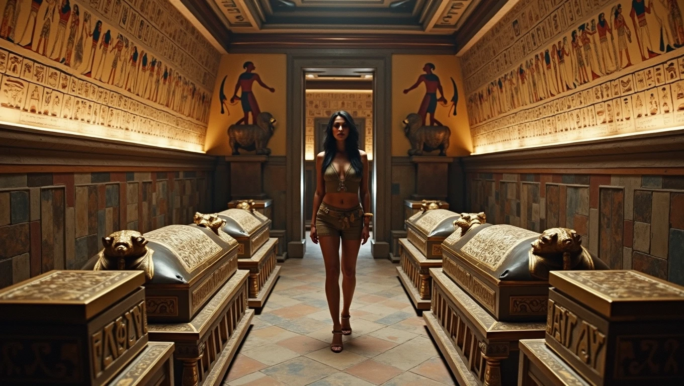 A cinematic still from a historical film, depicting the luxurious interior of a pyramid in ancient Egypt. The scene features an elaborate room with ADULT sarcophagi adorned with gold inlay and intricate carvings. In the center, a voluptuous female tomb raider stands among the artifacts, her eyes full of wonder and discovery. The walls of the pyramid are adorned with impressive hieroglyphic murals, casting a warm and mysterious atmosphere over the entire scene., cinematic, architecture, photo