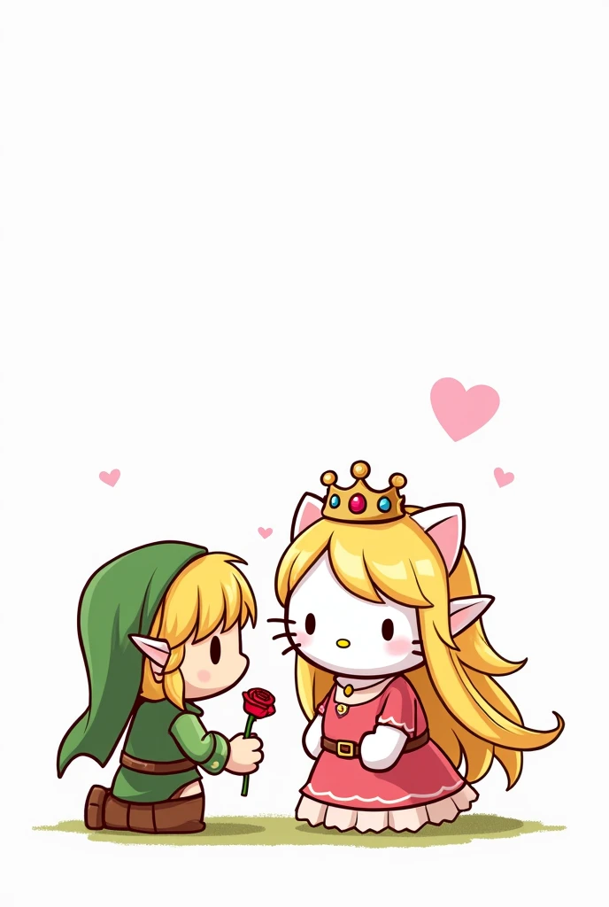 
Make a normal drawing of Hello Kitty like in the cartoons on a white background but with Princess Zelda's hair, crown and dress and next to her Link kneeling with a rose offering it to her