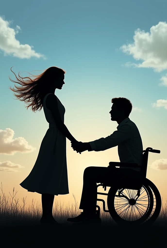 L'ombre en NOIR d'une jeune femme avec les cheveux détachés qui s'envole grace au vent et un jeune homme ayant le profil parfait en fauteuil roulant qui se tiennent la mains et comme fond un beau ciel