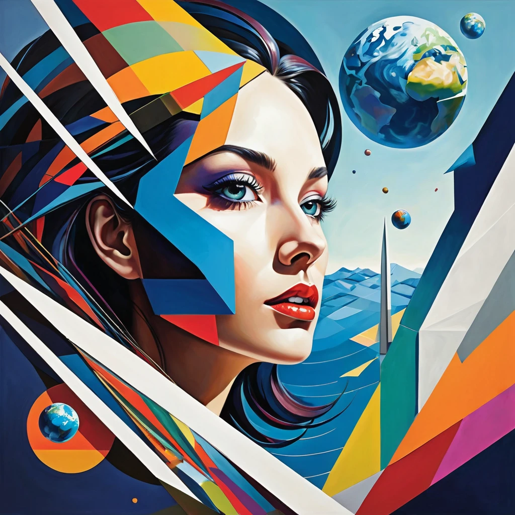 "Visualize an interpretation of the earth on one side of the face. Break down the shape of the Earth into geometric shapes and fragmented planes, To capture its movement and energy in a unique and abstract way. Incorporate bold colors and sharp angles, to convey a feeling of movement and tension. Play with perspective and layering, to create a multidimensional composition, which questions traditional notions of space and form. Be inspired by the avant-garde spirit of surreal realism and see nature in a fresh and innovative light.. Unleash your creativity, as you bring this imaginative scene to life on the screen 