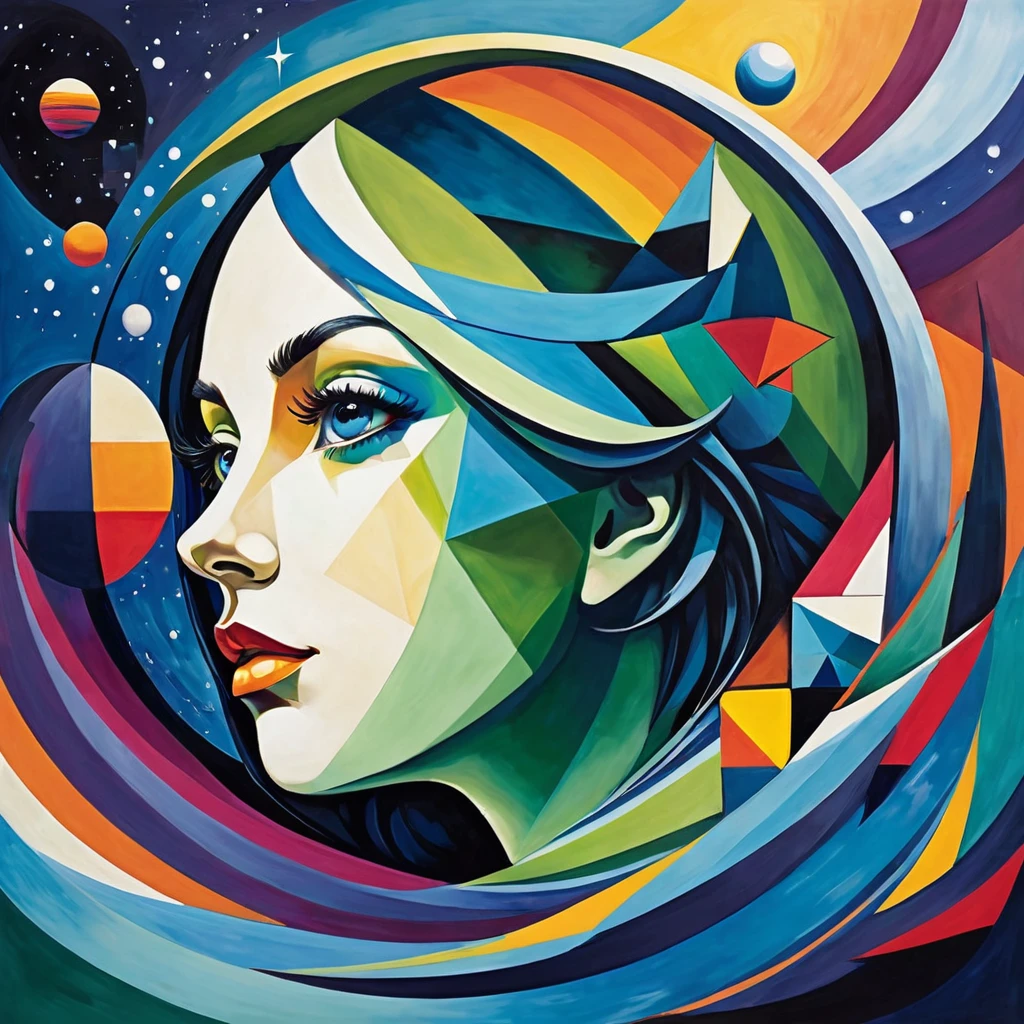 "Visualize an interpretation of the earth on one side of the face. Break down the shape of the Earth into geometric shapes and fragmented planes, To capture its movement and energy in a unique and abstract way. Incorporate bold colors and sharp angles, to convey a feeling of movement and tension. Play with perspective and layering, to create a multidimensional composition, which questions traditional notions of space and form. Be inspired by the avant-garde spirit of surreal realism and see nature in a fresh and innovative light.. Unleash your creativity, as you bring this imaginative scene to life on the screen