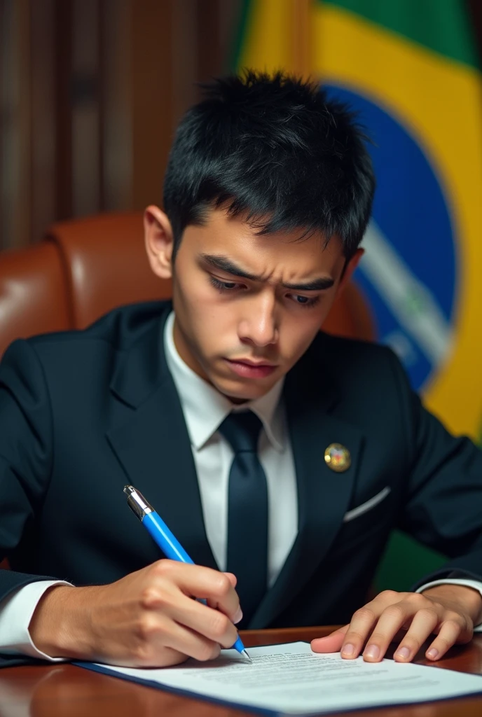 ((best quality)), ((masterpiece)), (detailed), perfect face, man, short black hair, white skin, , as president of Brazil, Sitting in the presidential chair, signing laws with a blue pen, This law will recover all state-owned companies that were privatized, your face is serious and a little angry, the Brazilian flag is in the background