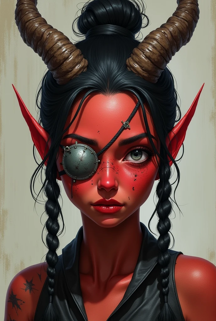 ((Mediovale)), uma mulher Tiefling, reddish skin, ram horns, broken left horn, Bblack hair, hair tied in a bun, hair shaved on the sides, two braids on each side of the bangs, white eyes without scruff, eye patch on the left side, scar under the eye patch, scar on the lips on the right side,