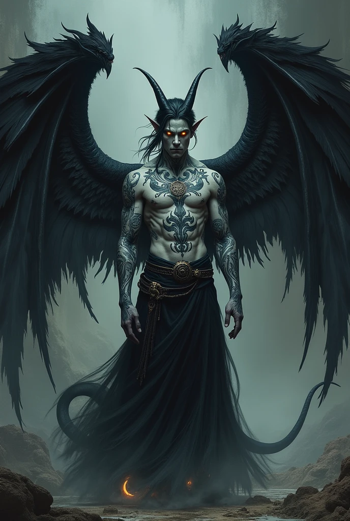 Create a male tiefling character with gray skin., gold eyes, cabelos negros como a noite, wings and tail, tatoo