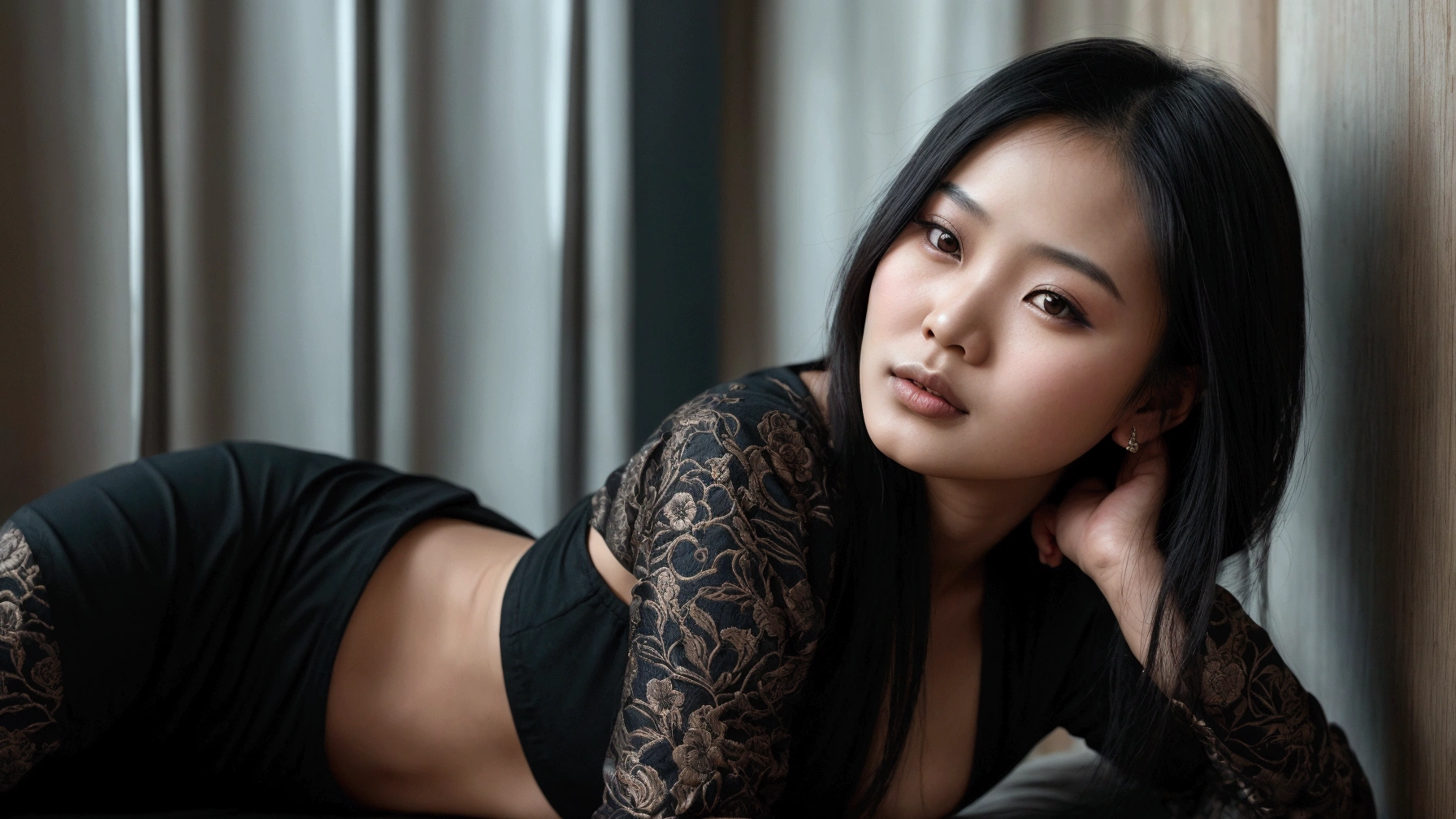 young girl, Asian girl with dark brown hair, big breast she is dressed in sexy lingerie, is in a minimalist, modernist living room Ultra-high resolution, (photorealistic: 1.4), high resolution, (brown eyes), (finely detailed skin), (perfectly proportioned) (photo realistic) (masterpiece) (photorealistic), ultrarealistic (Best Quality) (Detailed) photographed in a Canon EOS R5, 50mm Lens, F/2.8, (8K) (Wallpaper) (Natural lighting) (Convoluted) Fashion