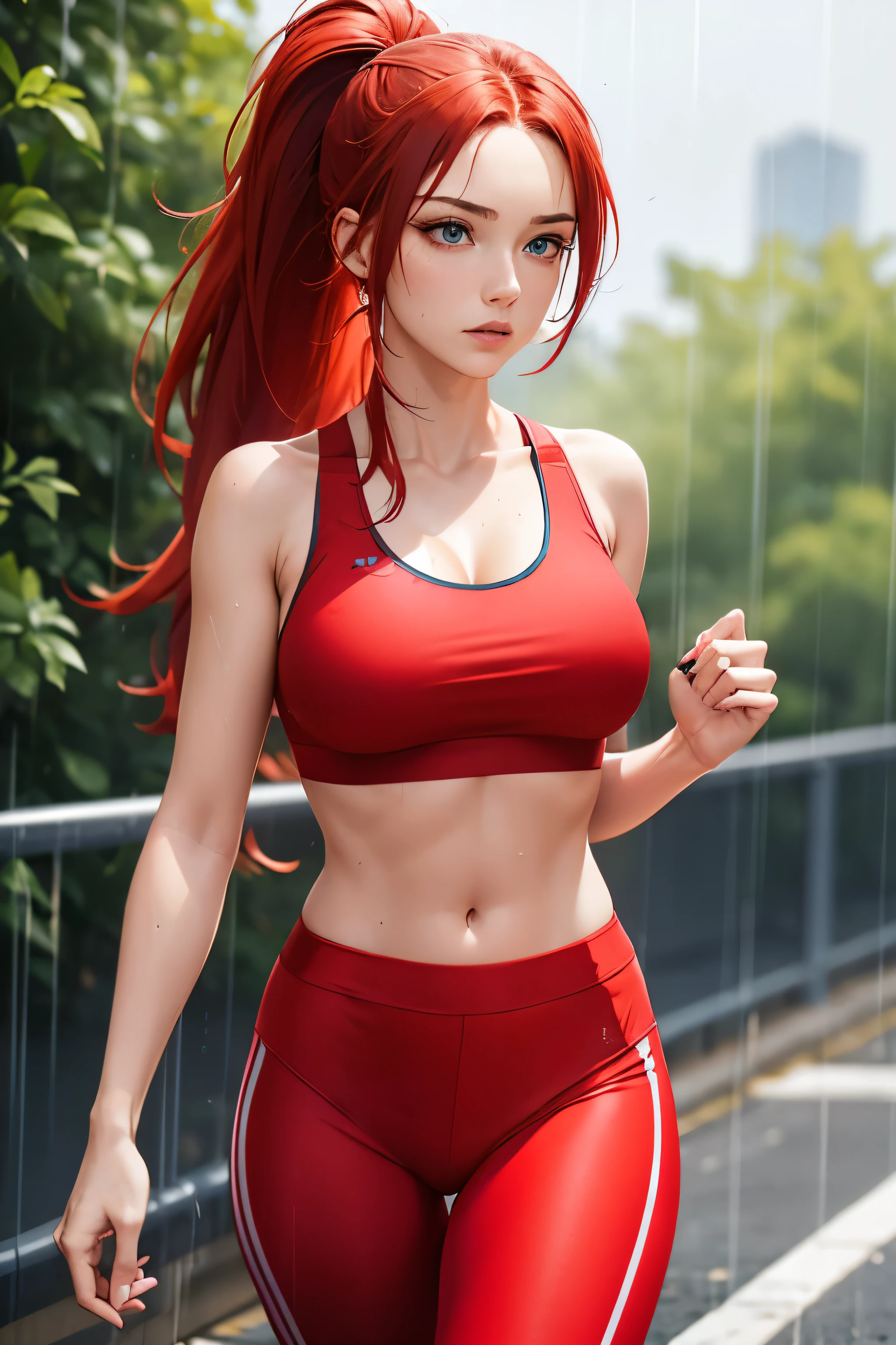 Woman, Bright Red HAir, Long Hair, Ponytail, Blue Eyes, Large Chest, ((Red Leggings)), ((Red Sports Bra)), Jogging in the Rain, Soaking Wet