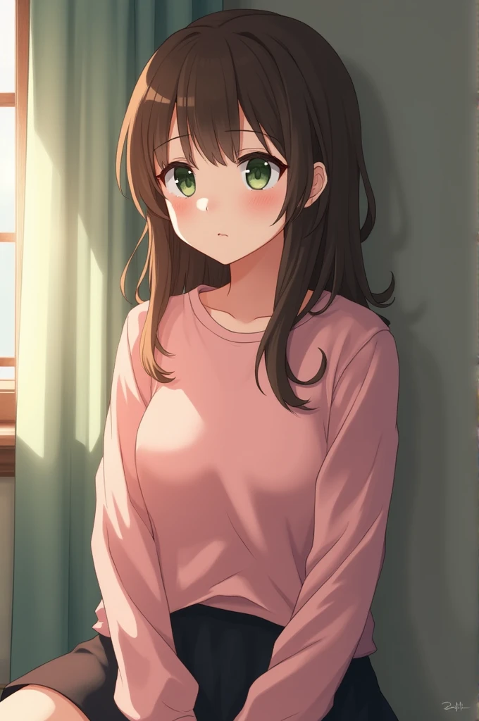 A girl with tender green eyes and brown hair who is tender and shy with a pink sweatshirt and a black skirt