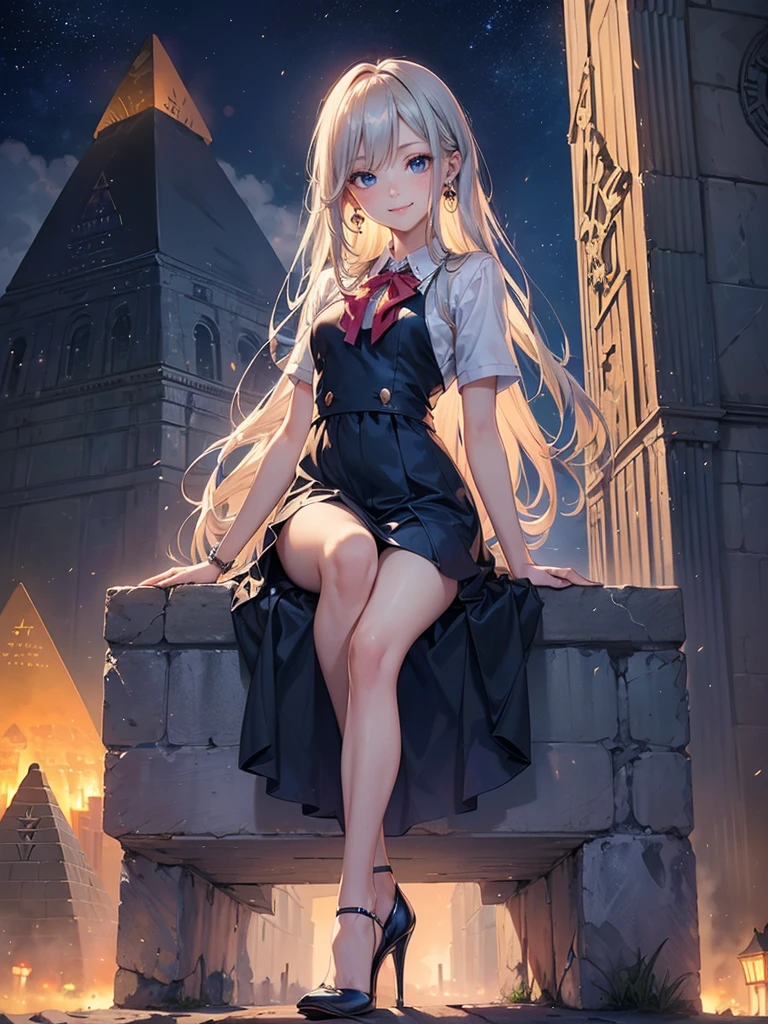 ((Biologically correct limb count)),(( From head to toe,Full-body photo including face)),4K,masterpiece,((Focus on the face)),((Symmetrical facial features)),Eyes with detailed description,Beautiful woman,Great style,Beautiful arms,Beautiful legs,Beautiful Hands,(Small Ass,Thin thighs),Detailed depiction of the face,Small earrings,necklace,(Will school uniform,dress((High heels))),((Outdoors at night, early morning)),(((blue blonde))),Realistic photo,Looking up,smile,((Sitting in front of the pyramid,Panty shot)),Nobody is here
