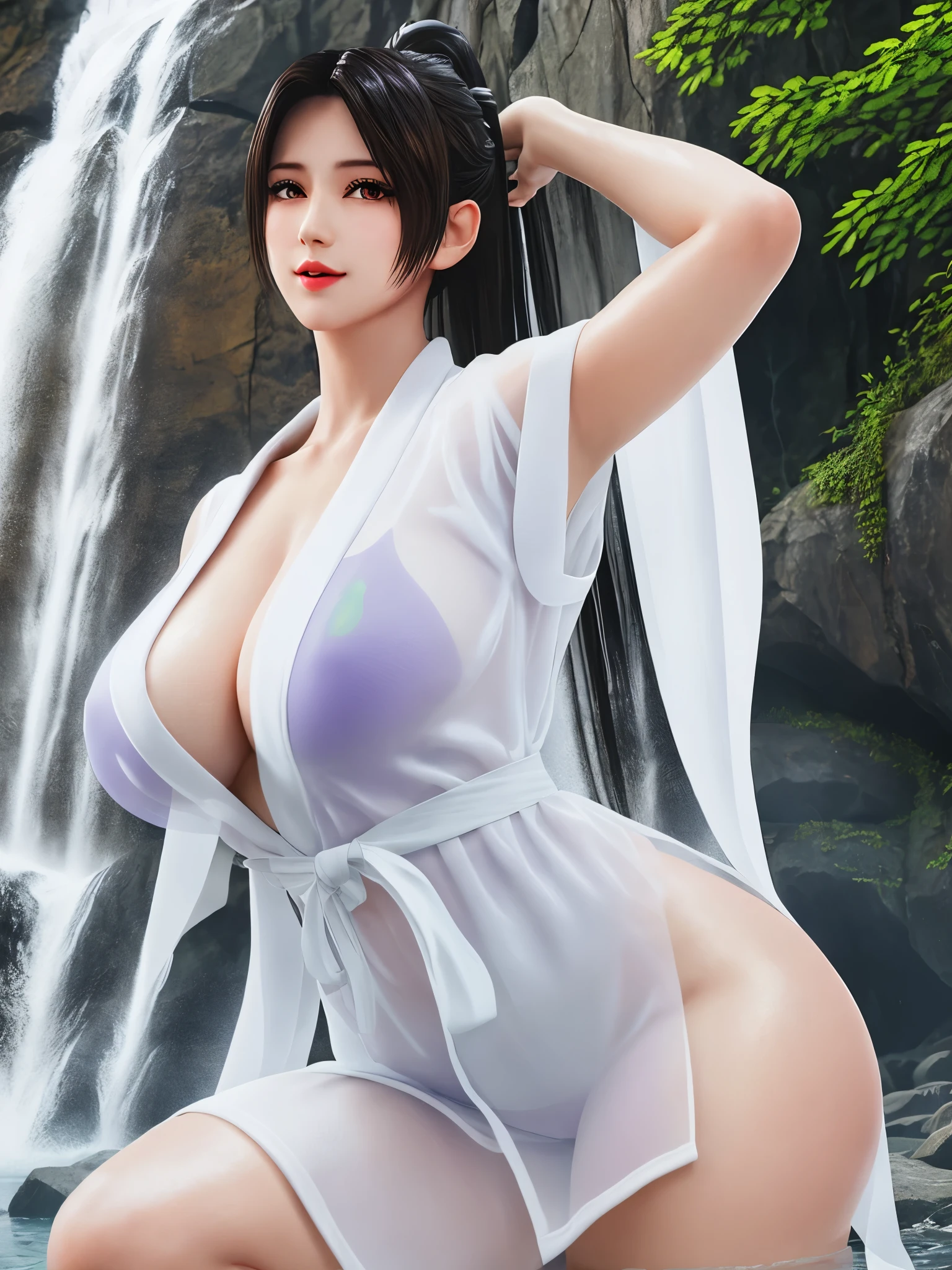 Armpit Show,whole body, alone, White base, bangs, Exposing shoulders, Black Hair, blunt bangs, (Huge breasts), lips, Long Hair, Mole under the mouth, Purple eyes, slightly dilated lips, smile, See through, (Wearing a translucent bathrobe), Under the waterfall, Squat, shame,((Body immersed in water: 0.9)), (masterpiece: 1.4), (Highest quality: 1.4), Real Portrait Photography, (Glowing Skin), Looking at the audience,