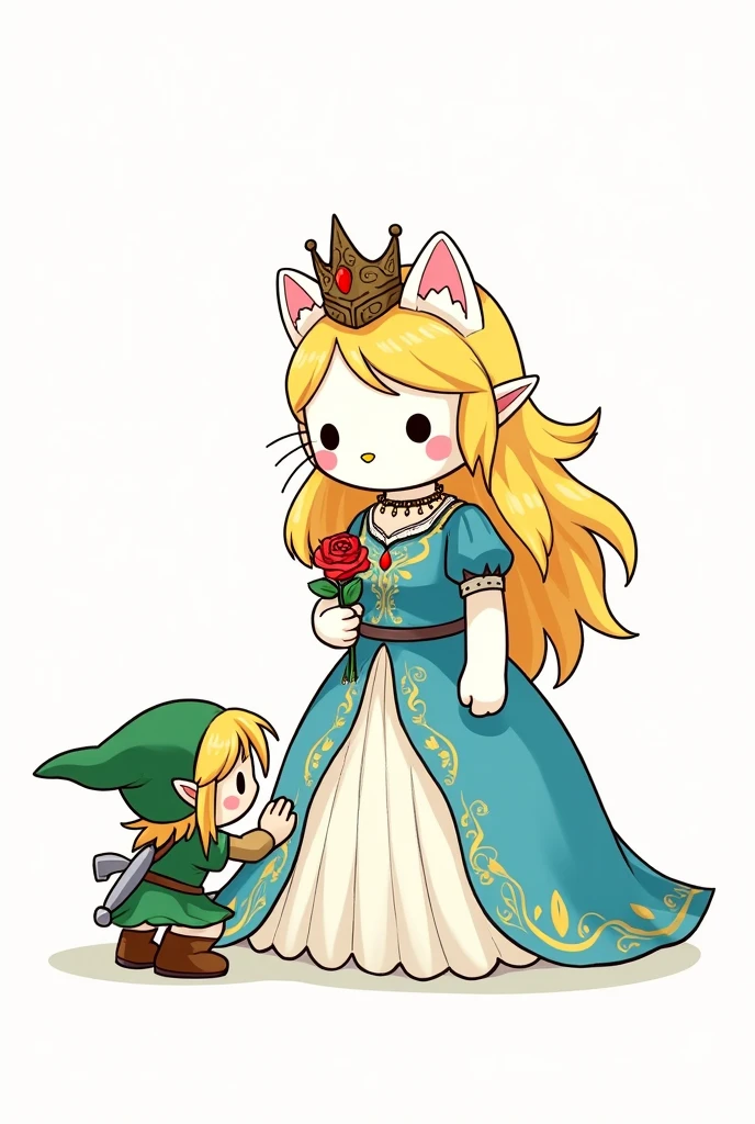 
Make a normal drawing of Hello Kitty like in the cartoons on a white background but with Princess Zelda's hair, crown and dress and next to her Link kneeling with a rose offering it to her