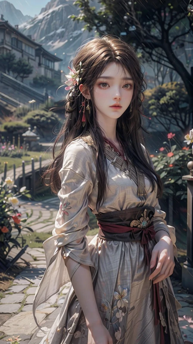 1 flat-chested girl,closeup of face,Black color hair,floated hair,Hazy beauty,Extremely beautiful facial features,Light gauze texture embroidered dress,Breezy soft gauze dress,Surrounded by flowers,Surrounded by flowers,White flowers,Pink flowers,A flower covers the right eye,Soft Light on Face,Perfect anatomy,(Flat and thin body,smallunderlim and flat,flatchest),(Colorful flowers,(springtime, Rainy days, terraced, mountain ranges), Simple vector art, Contemporary Chinese art, the soft light,Overlooking