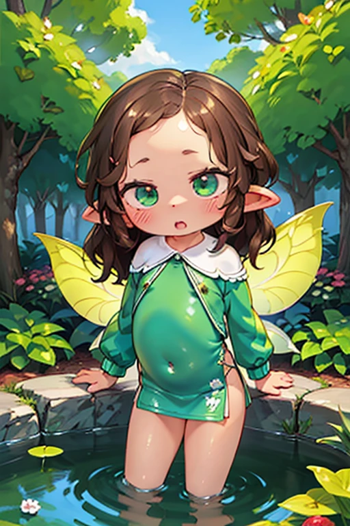 ((Highest quality)), ((masterpiece)), (detailed), 1. ，Young ，10 years old，Very short stature，Very small ass，Very thin thighs，Fairy，Brown Hair, Wavy Hair，Shiny Hair，Forehead protector，Pointed Ears，knight，Green clothes，Silver Chainmail，At the forest pond，