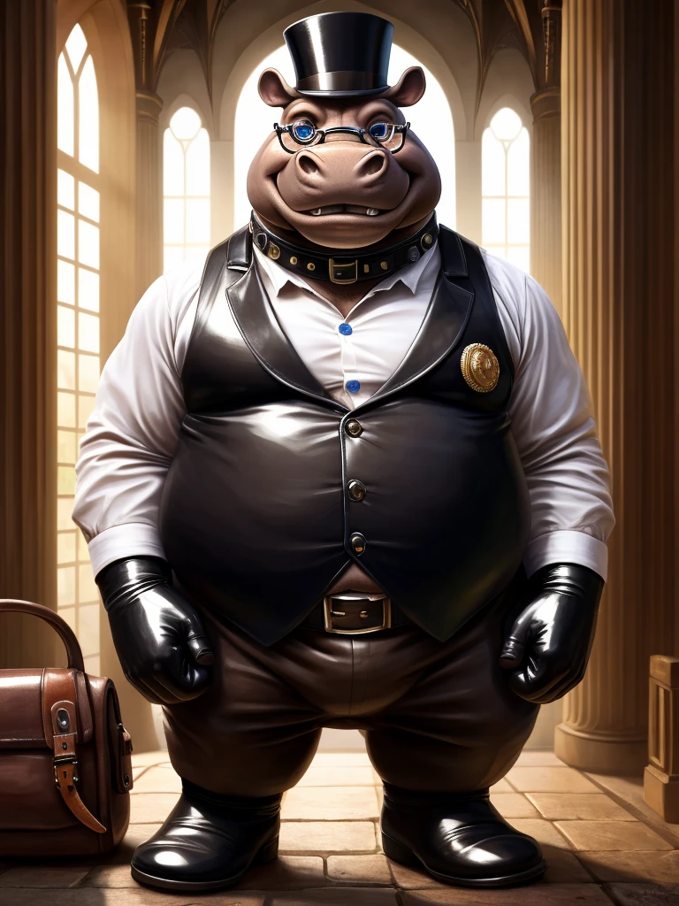 (high quality,4k,8k,highres,masterpiece:1.2),ultra-detailed,(realistic,photorealistic,photo-realistic:1.37), masterpiece,(intricate details), captivating artwork, artistically rendered, masterful strokes, attention to detail, tasteful composition, alluring charm, careful shading, great attention to anatomy, meticulous rendering, impeccable craftsmanship, vivid colors, perfect balance between realism and fantasy. Solo, Male, fat, extremely obese, gentleman, dapper Professor Hippopotamus, blue eyes, (posing:1.3), (soft shading), 4k, hi res, ((detailed face, detailed)), looking at viewer, mouth wide open, steampunk, collared shirt with buttons, top hat, male focus, Explorer Outfit, glasses, monocle, bag, vest with buttons, backpack, sleeves rolled up, round eyewear, brown headwear, brown vest, Hippopotamus is wearing a glossy leather dog collar around the neck, Hippopotamus is wearing the leather collar and shirt and vest at the same time, Hippopotamus is wearing glossy white rubber gloves on the hands, wearing white rubber gloves on the feet, gloves are rubber in texture, clenching teeth, clenching fists, leather collar is glossy and shiny with a lot of detail, Hippopotamus is wearing gloves and leather collar at the same time, leather collar has a round dog-tag, leather collar is thick and detailed.