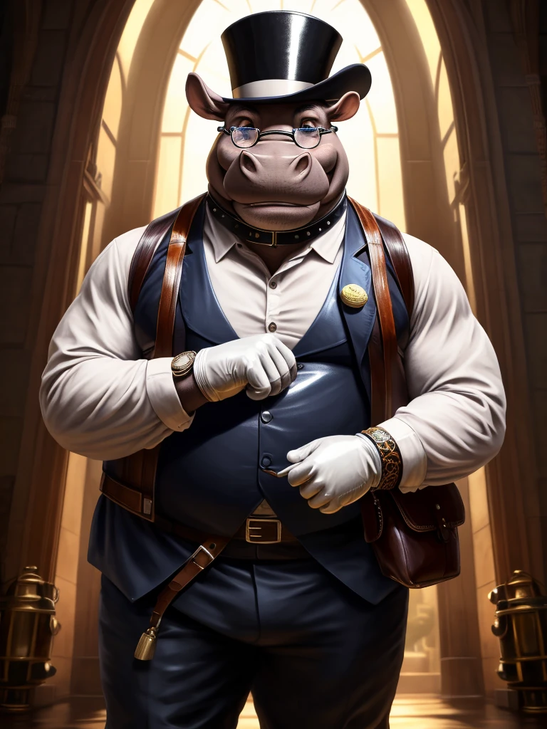Solo, Male, fat, extremely obese, gentleman, dapper Professor Bull, blue eyes, (posing:1.3), (soft shading), 4k, hi res, ((detailed face, detailed)), looking at viewer, evil grin, steampunk, collared shirt with buttons, top hat, male focus, Explorer Outfit, glasses, monocle, bag, vest with buttons, backpack, sleeves rolled up, round eyewear, brown headwear, brown vest, Bull is wearing a glossy leather dog collar around the neck, Bull is wearing the leather collar and shirt and vest at the same time, Bull is wearing glossy white rubber gloves on the hands, wearing white rubber gloves on the feet, Bull is wearing glossy white cuffs around the wrists with cufflinks, gloves are rubber in texture, clenching teeth, clenching fists, leather collar is glossy and shiny with a lot of detail, Bull is wearing gloves and cuffs and cufflinks at the same time, leather collar has a round dog-tag, leather collar is thick and detailed.