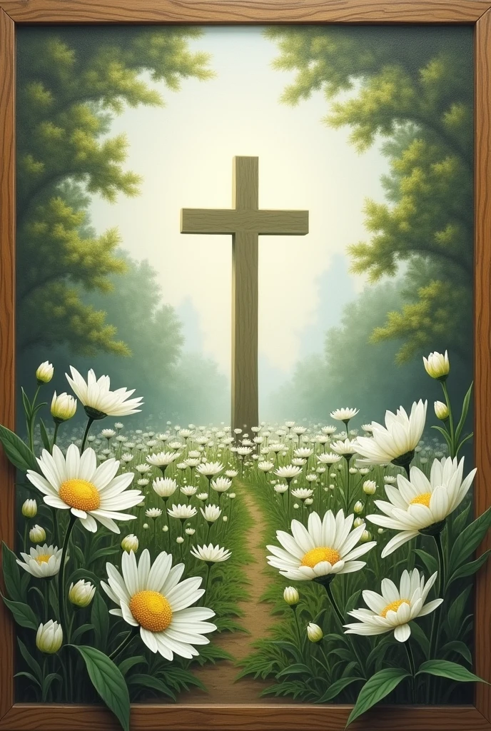 Painting of a Garden Of White Flowers And The Cross in The Middle Of the Garden Far off in the distance, border of picture is wood like a painting portrait
