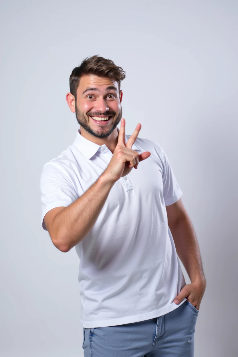 a happy man with short faded hair, wearing a white polo collar shirt with buttons down the front, making the sign of 2 with the right hand , white background, tom, Pixar-style, ..3d, Cartoon s, face detailed, asymmetric 16k
