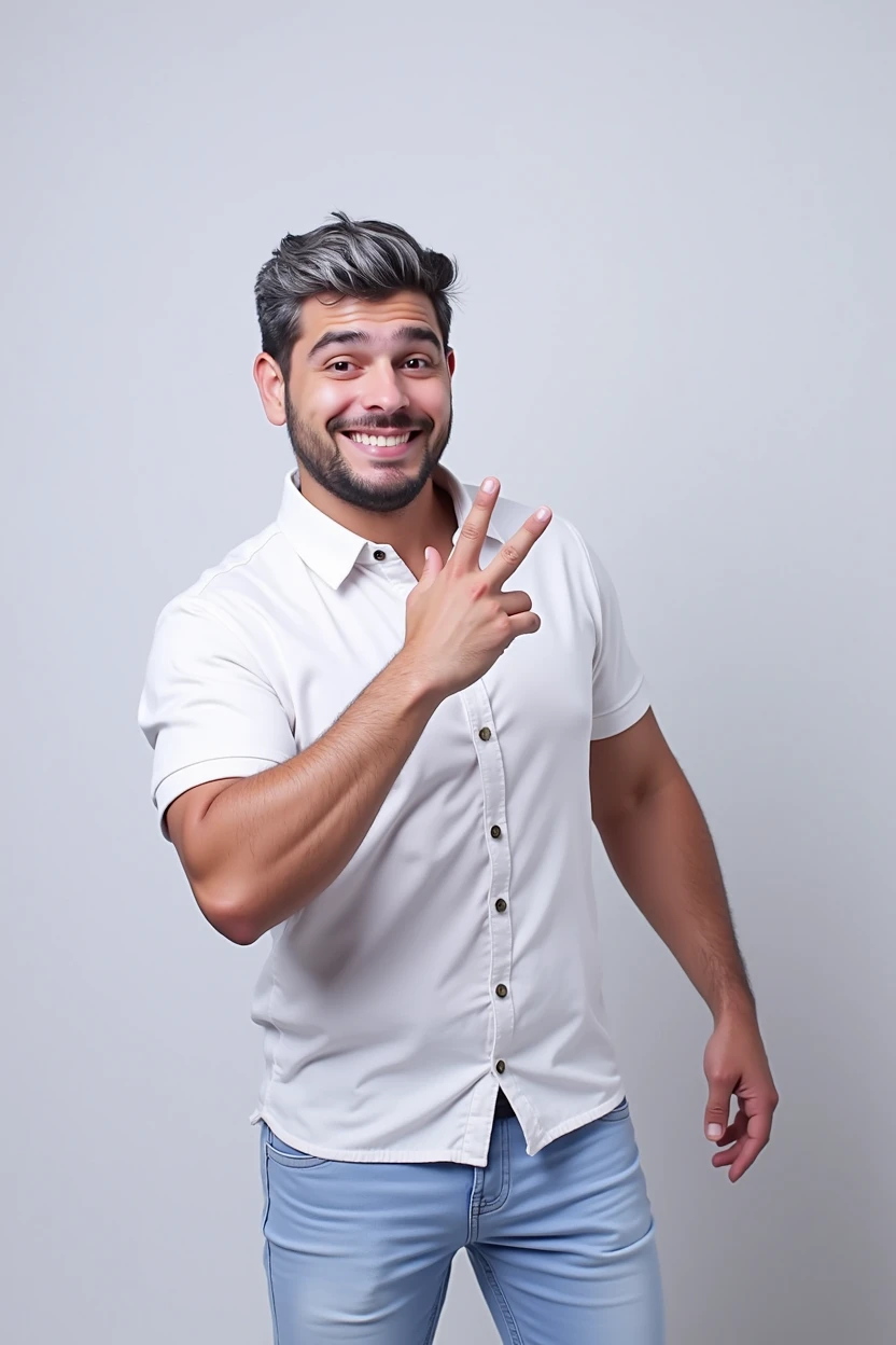 a happy man with short faded hair, wearing a white polo collar shirt with buttons down the front, making the sign of 2 with the right hand , white background, tom, Pixar-style, ..3d, Cartoon s, face detailed, asymmetric 16k 