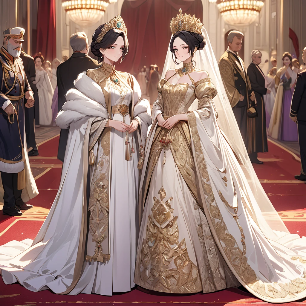 ((Highest quality)), ((masterpiece)), (detailed), (Perfect Face)、The woman is Shinobu Kocho, a Russian with black hair with purple gradient ends, tied in a bob hairstyle, an elegant, graceful and beautiful Russian noblewoman, and the Empress of the Great Russian Empire.、The woman is beautifully dressed in a gorgeous, glittering gold wedding dress and wedding veil of the ancient Russian court dress worn by an ancient Russian empress, as well as luxurious accessories and a kokoshnik.、The woman is standing next to a great, dignified, bearded old Russian emperor at a grand wedding.、The woman is married to the great Russian emperor, walking side by side down the red carpet aisle at a lavish palace.、The woman is close to the great old Russian Tsar and is deeply in love with the elderly Tsar and his young and beautiful Empress.