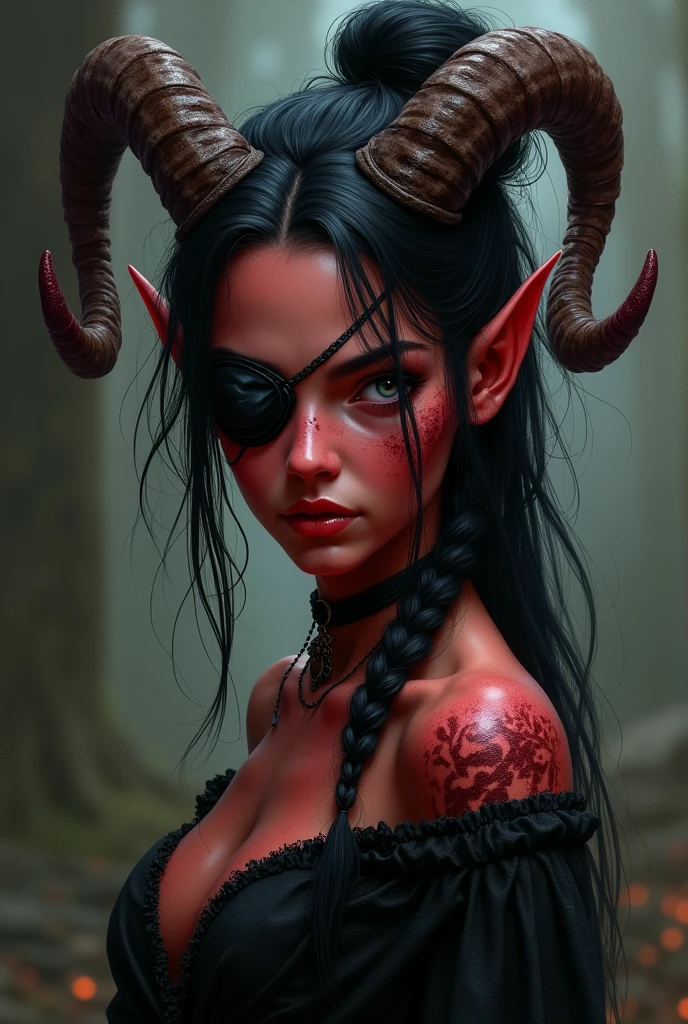 ((Mediovale)), uma mulher Tiefling, reddish skin, ram horns, broken left horn, Bblack hair, hair tied in a ponytail, hair shaved on the sides, two braids on each side of the bangs, white eyes without scruff, eye patch on the left side, scar under the eye patch, scar on the lips on the right side,
