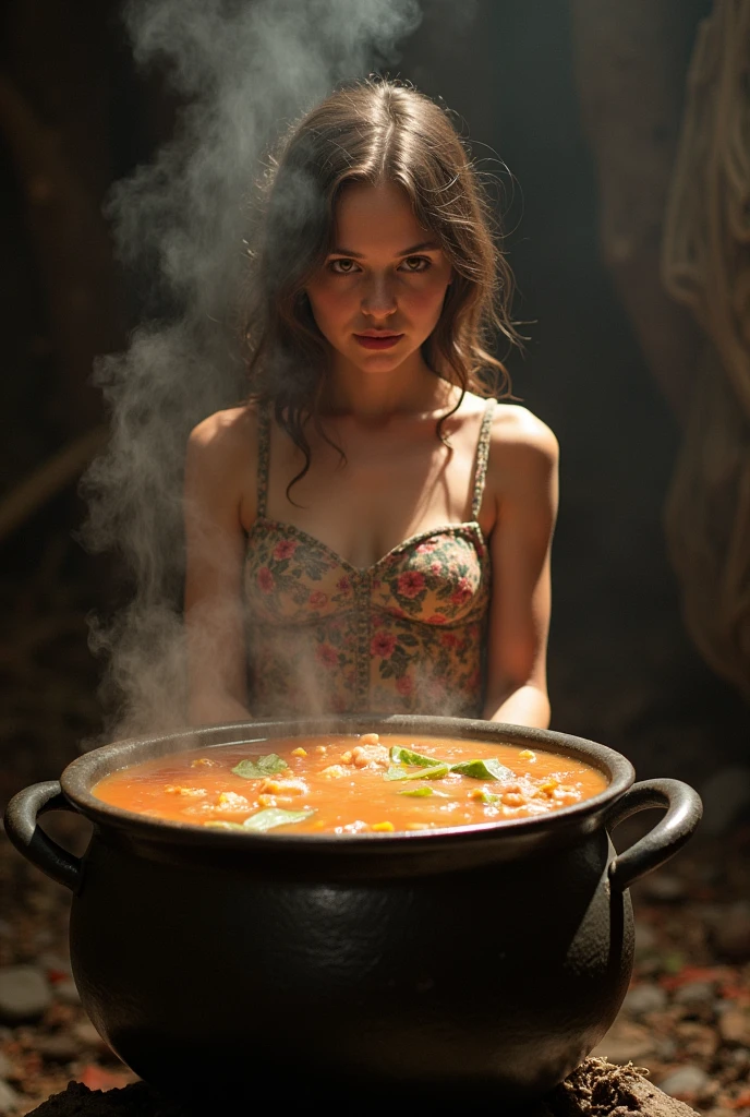 Girl with big breasts being cooked in a cauldron full of soup
