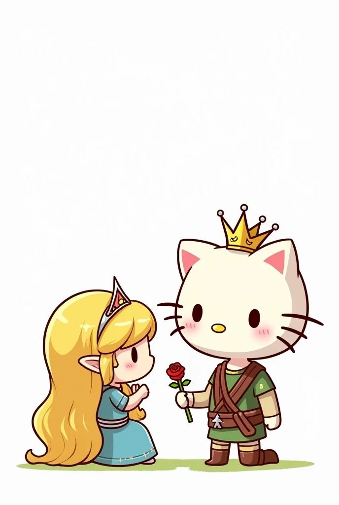 
Make a normal drawing of Hello Kitty like in the cartoons on a white background but with Princess Zelda's hair, crown and dress and next to her Link kneeling with a rose offering it to her