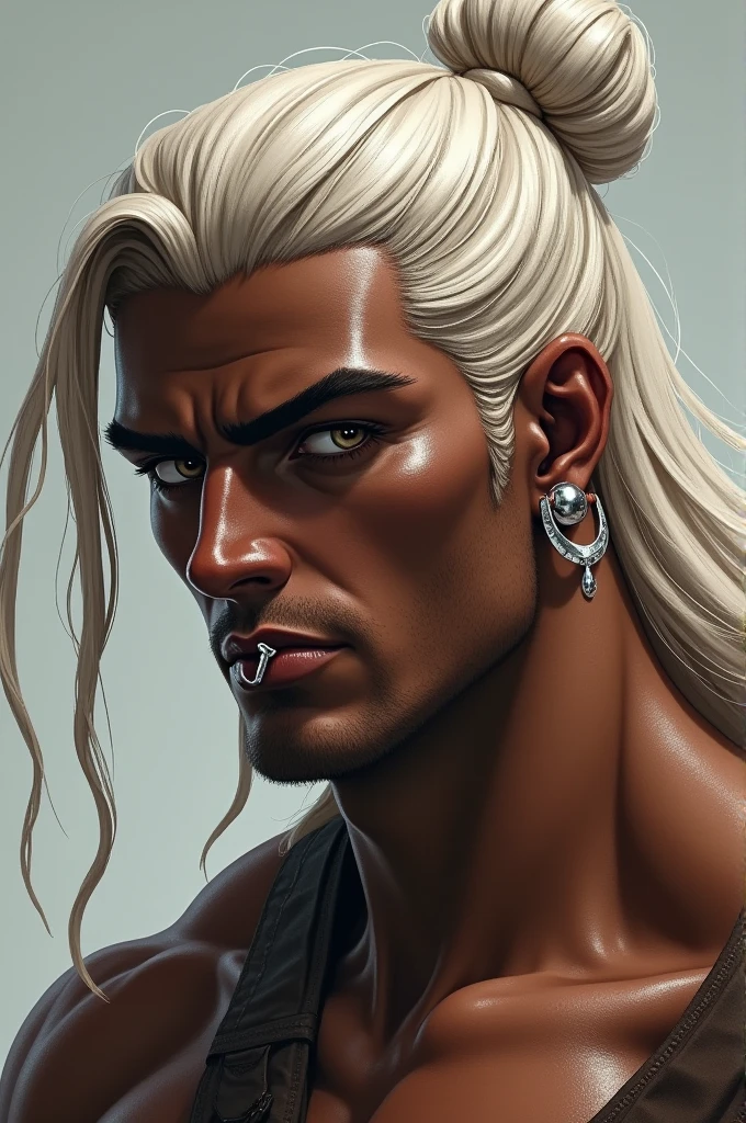 portrait of a fictional warrior. he has dark brown shiny skin, platinum blonde hair that reaches down to his shoulders and the upper half is tied up in a manly bun, while the lower half falls on the shoulders. he has white eyebrows, white eyes and no beard. He wears a silver piercing ring in the middle of his lower lip and a matching dangling earring on one side of his ears. he is muscular and attractive