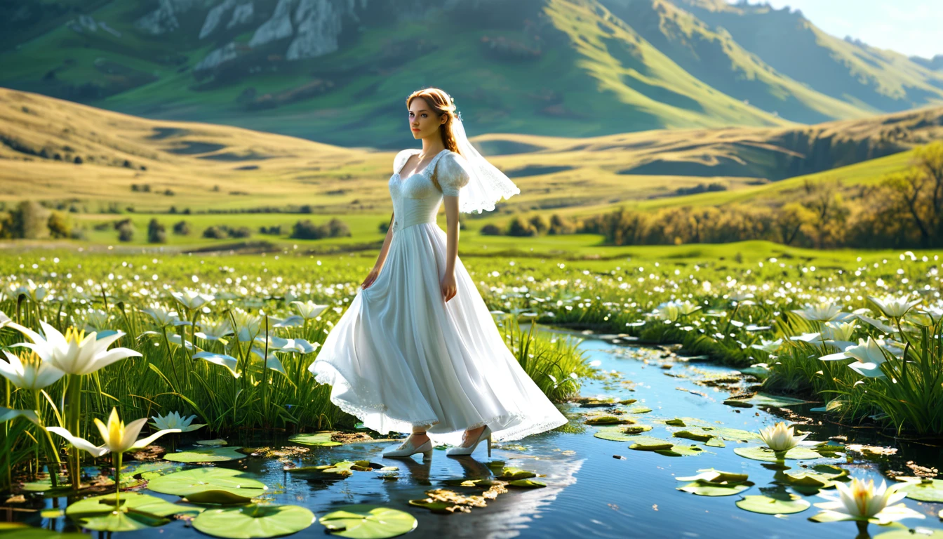 Beautiful portrait of a beautiful  girl in Lily of the valley field, Full body, Science fiction,Accessories for shoes、 A detailed eye, Art Station, Sharp Focus, Photorealsitic, 35 mm, Ultra Detail, 4 k, radiant light
