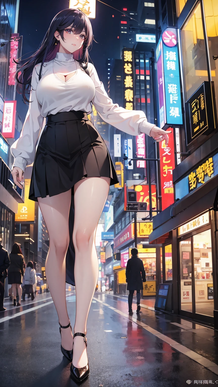 Tang Wutong, big , wearing a white buttoned sweater and a black long skirt, cleavage, walking, city