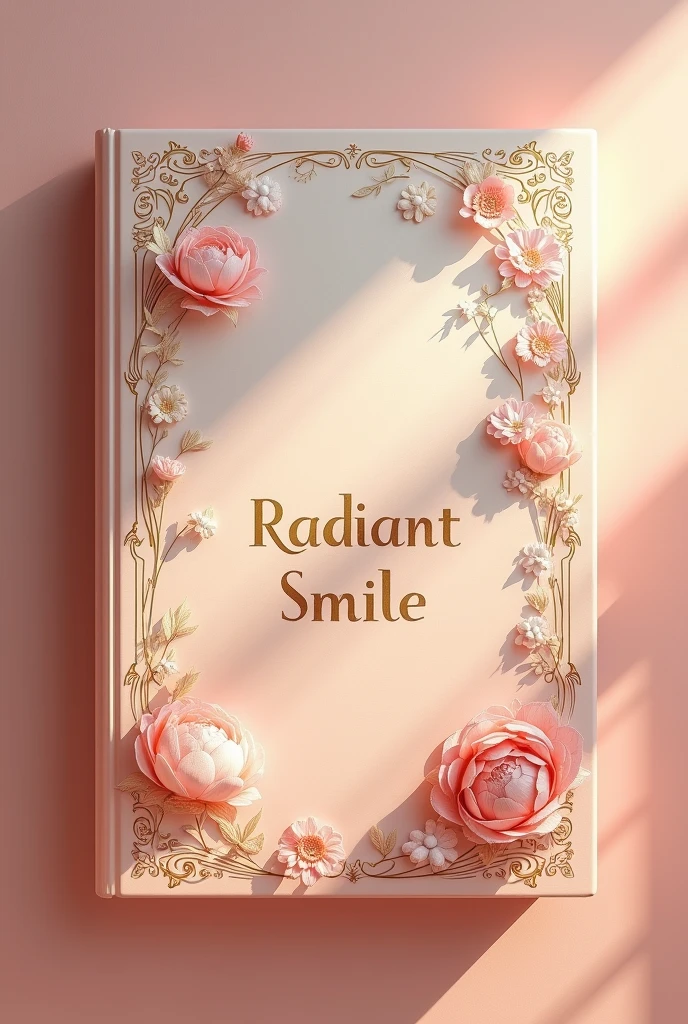 a music album with delicate and lovely details, with some flowers and gold details, with the title "Radiant smile" in gold